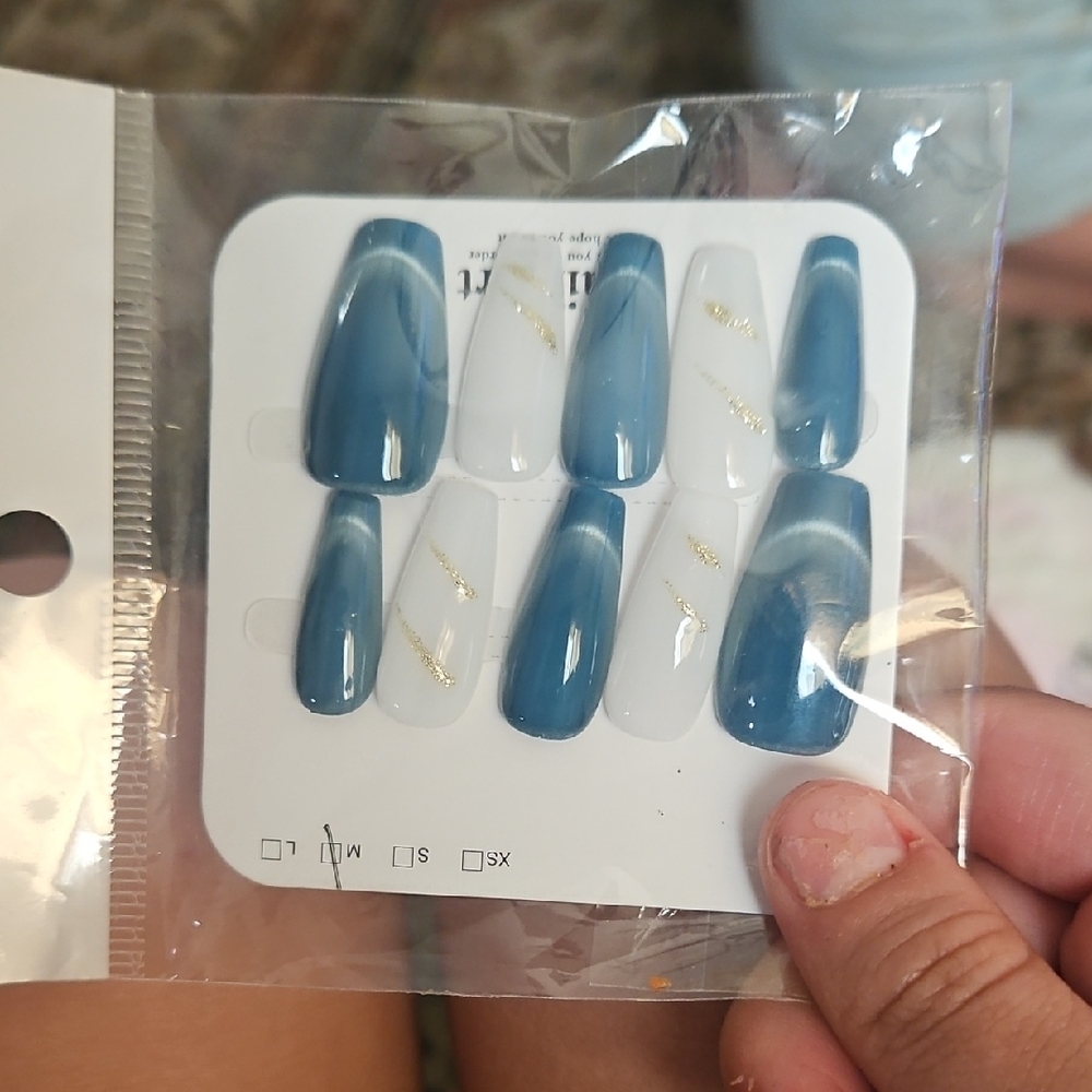 Blue and White Ombre False Nails